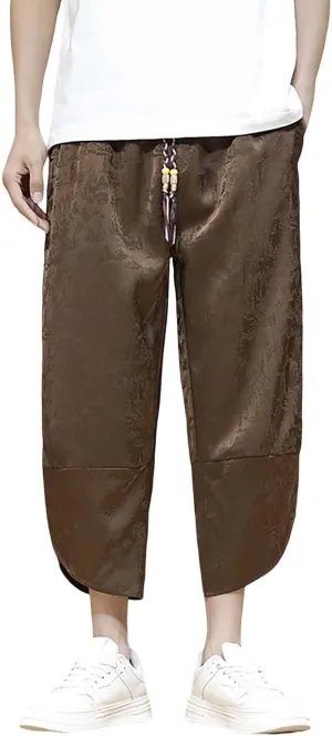 Men's Cotton Linen Pants Drawstring Elastic Waist Cinch Bottoms Summer Beach Pants Loose Fit Drop Crotch Trousers