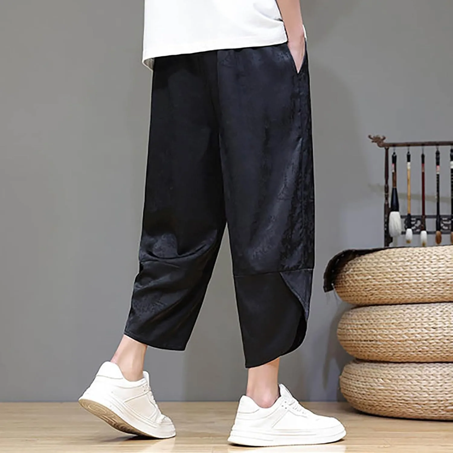 Men's Cotton Linen Pants Drawstring Elastic Waist Cinch Bottoms Summer Beach Pants Loose Fit Drop Crotch Trousers
