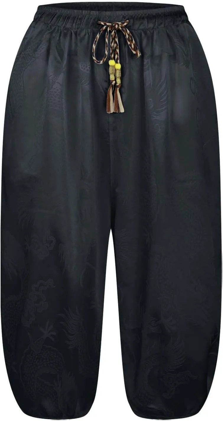 Men's Cotton Linen Pants Drawstring Elastic Waist Cinch Bottoms Summer Beach Pants Loose Fit Drop Crotch Trousers