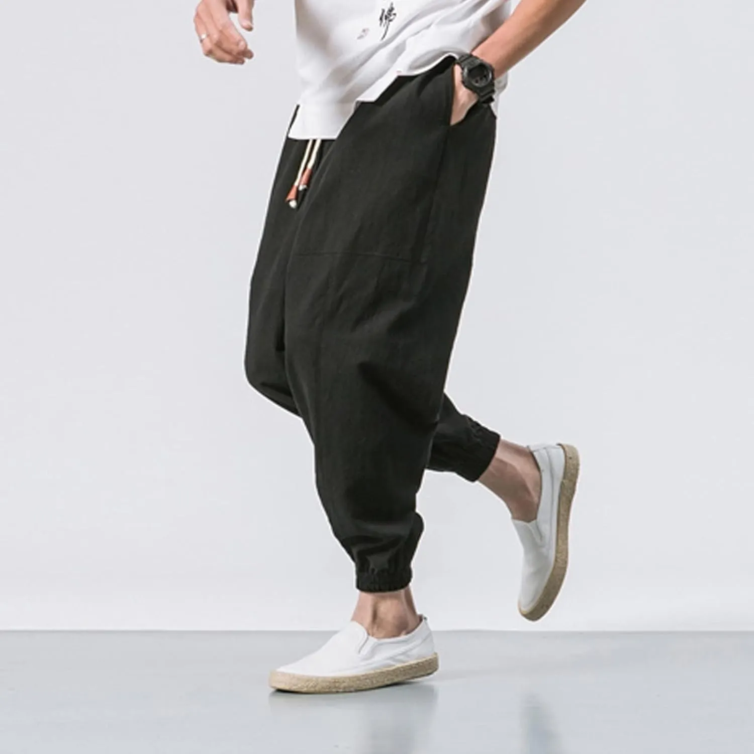 Men's Cotton Linen Pants Drawstring Elastic Waist Cinch Bottoms Summer Beach Pants Loose Fit Drop Crotch Trousers
