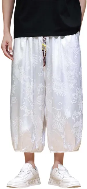 Men's Cotton Linen Pants Drawstring Elastic Waist Cinch Bottoms Summer Beach Pants Loose Fit Drop Crotch Trousers