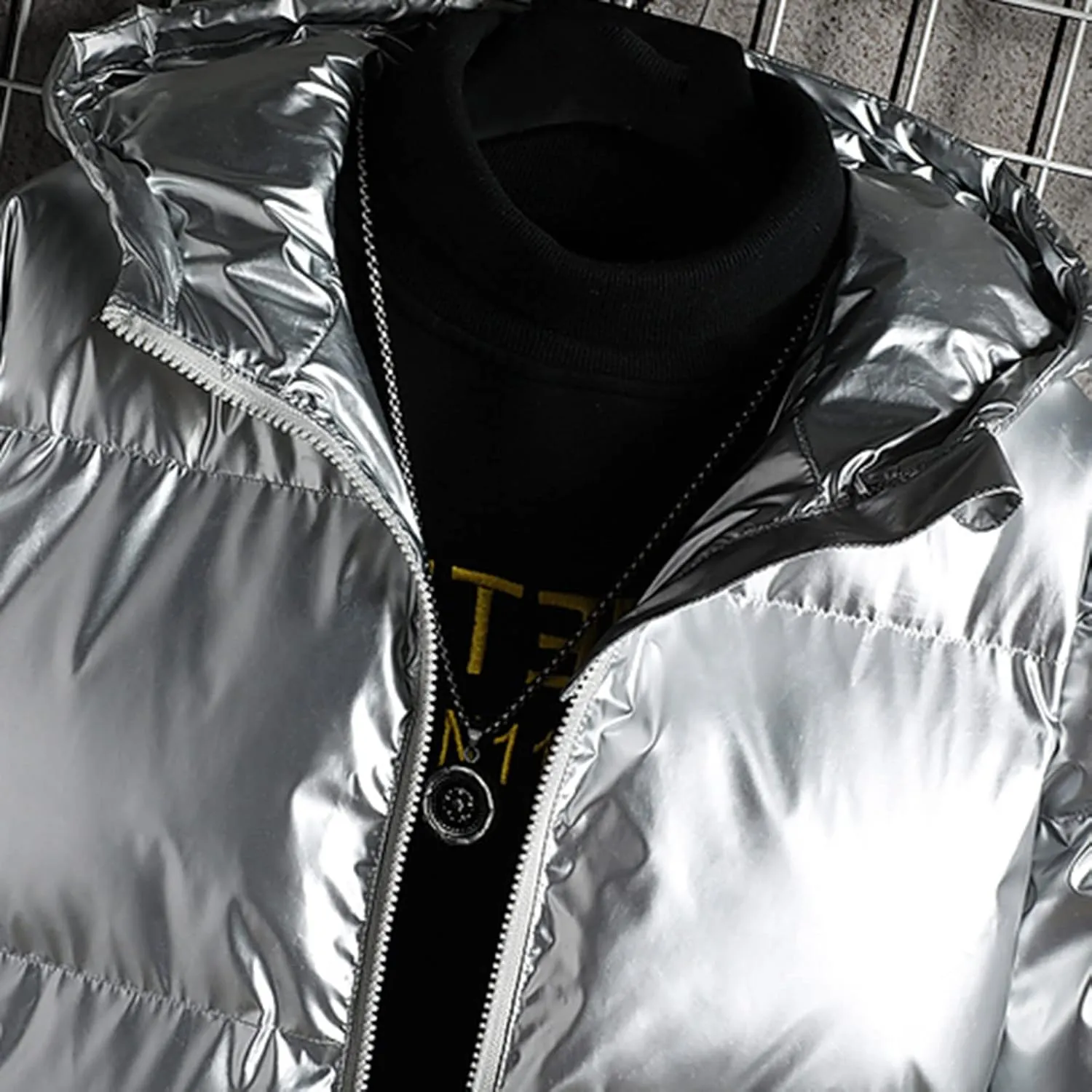 Men's Down Jackets & Coats Puffer Hooded Solid Coat Shiny Reflective Padded Jacket Trendy Plus Size Bubble Jacket