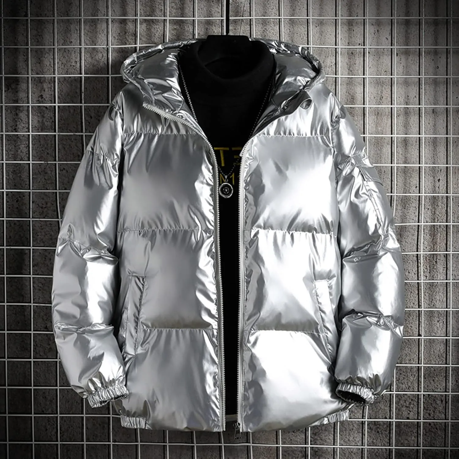 Men's Down Jackets & Coats Puffer Hooded Solid Coat Shiny Reflective Padded Jacket Trendy Plus Size Bubble Jacket