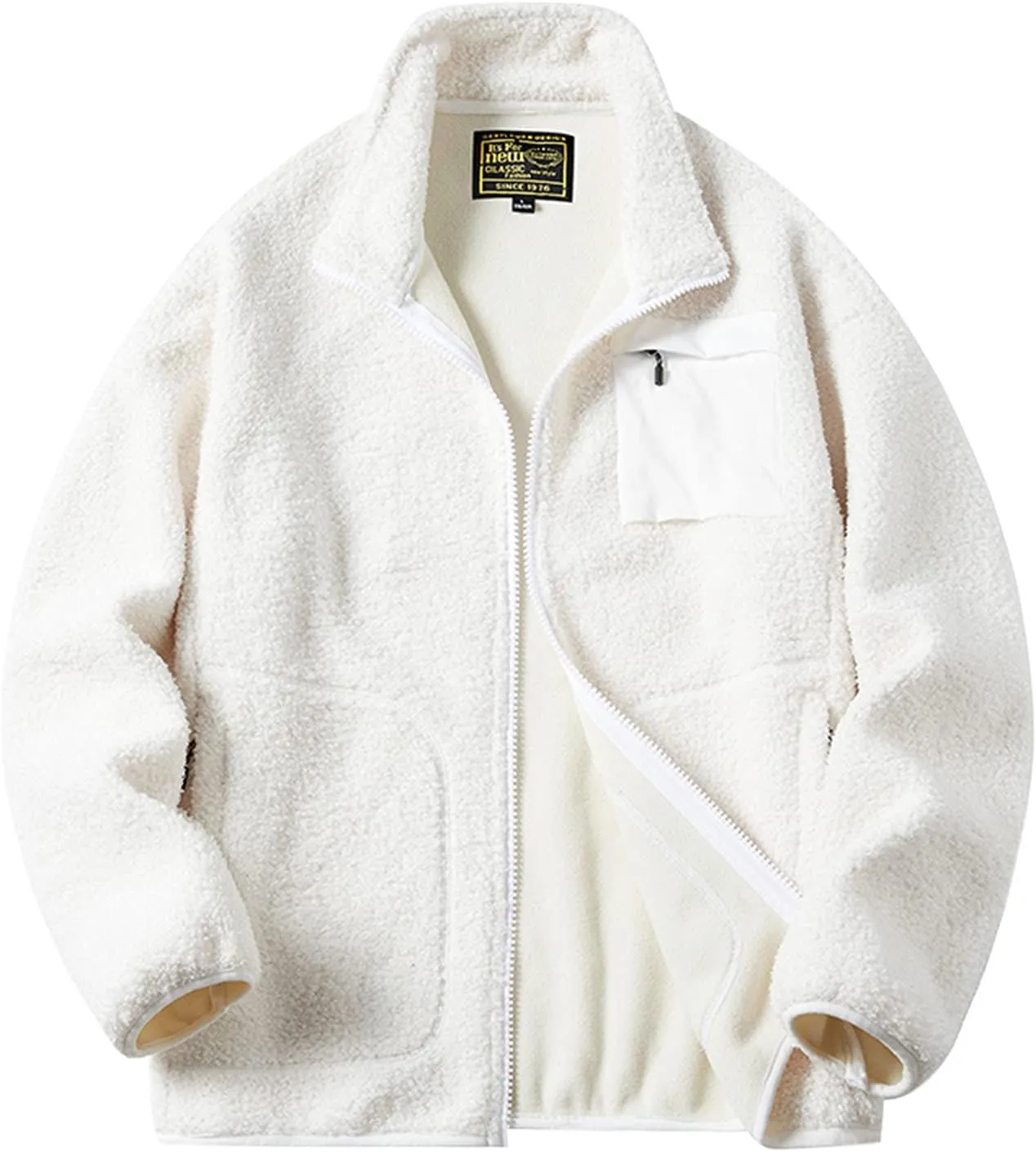 Mens Fuzzy Sherpa Jacket Full Zip Stand Collar Jackets with Pockets Thick Fleece Coat Big and Tall Winter Coats