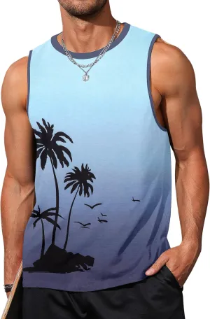 Mens Graphic Tank Tops Sleeveless Muscle Shirts Beach Hawaiian Coconut Tree Patriotic Tank Tops