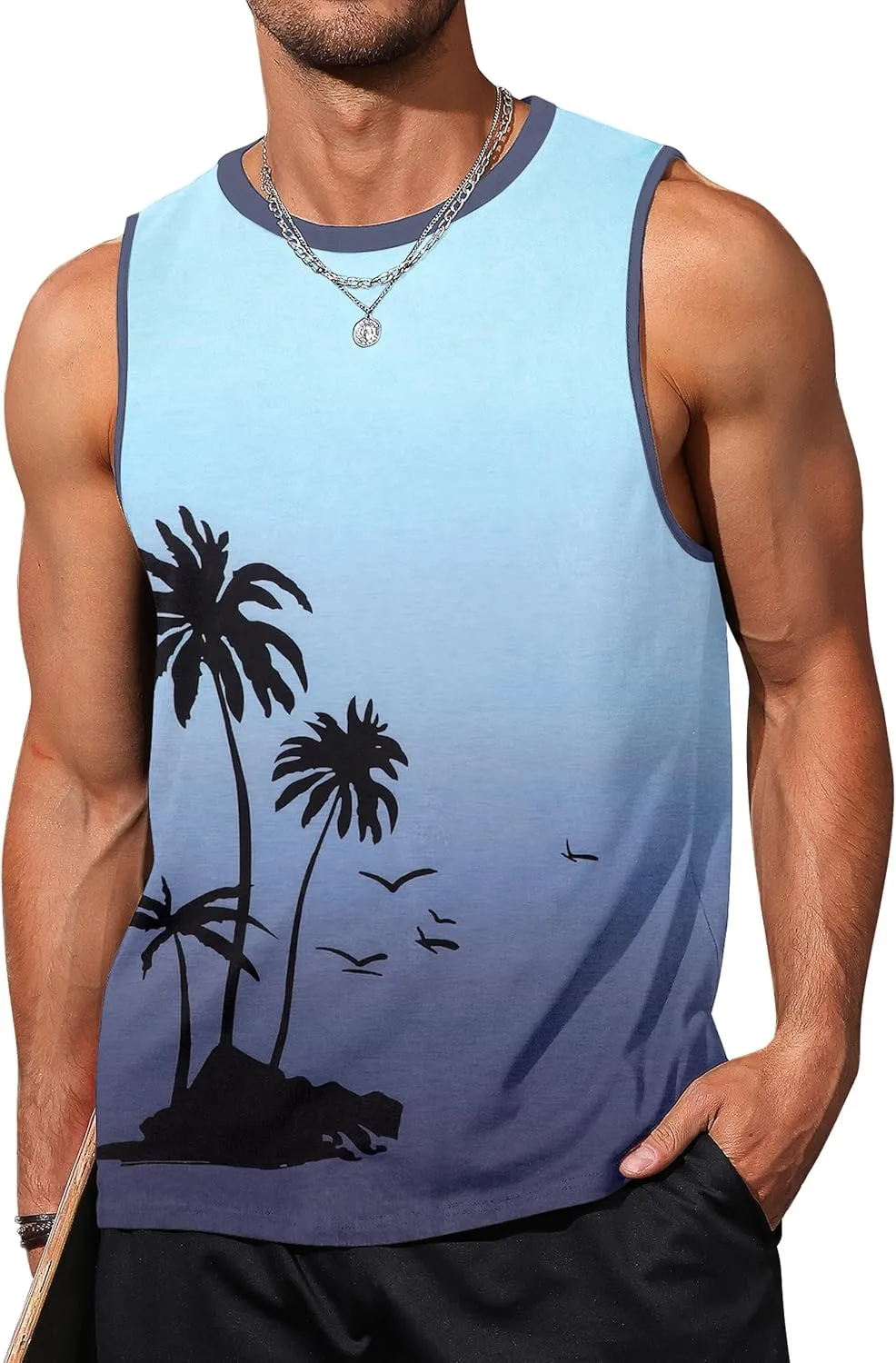 Mens Graphic Tank Tops Sleeveless Muscle Shirts Beach Hawaiian Coconut Tree Patriotic Tank Tops
