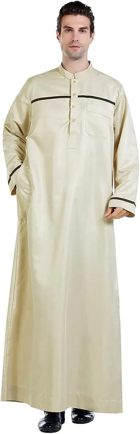 Men's Kaftan Robe Long Sleeve V Neck Nightshirts Thobe Button Down Henley Casual Side Split Gown Shirt Sleepwear Tops