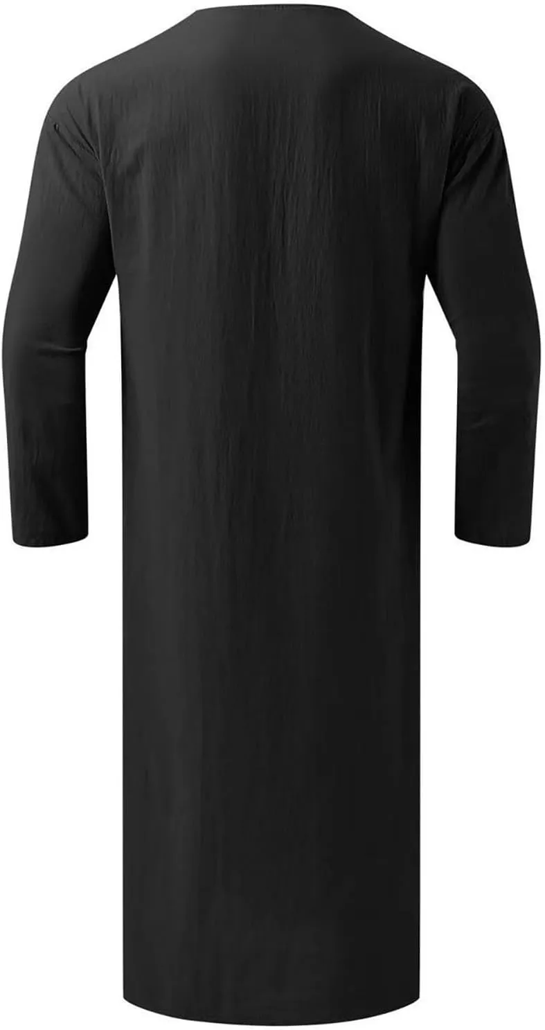 Men's Kaftan Robe Long Sleeve V Neck Nightshirts Thobe Button Down Henley Casual Side Split Gown Shirt Sleepwear Tops