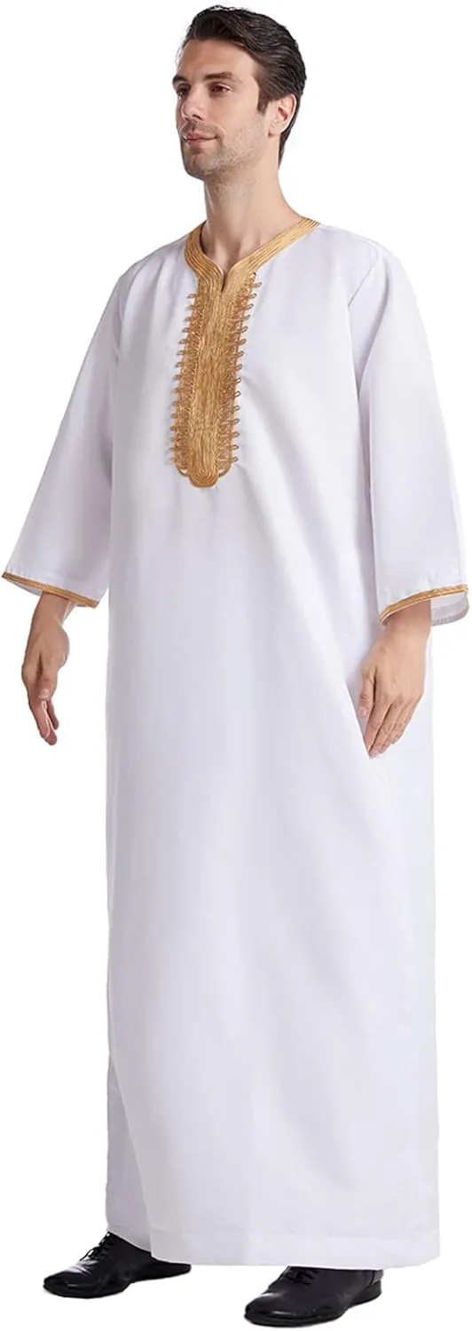 Men's Kaftan Robe Long Sleeve V Neck Nightshirts Thobe Button Down Henley Casual Side Split Gown Shirt Sleepwear Tops