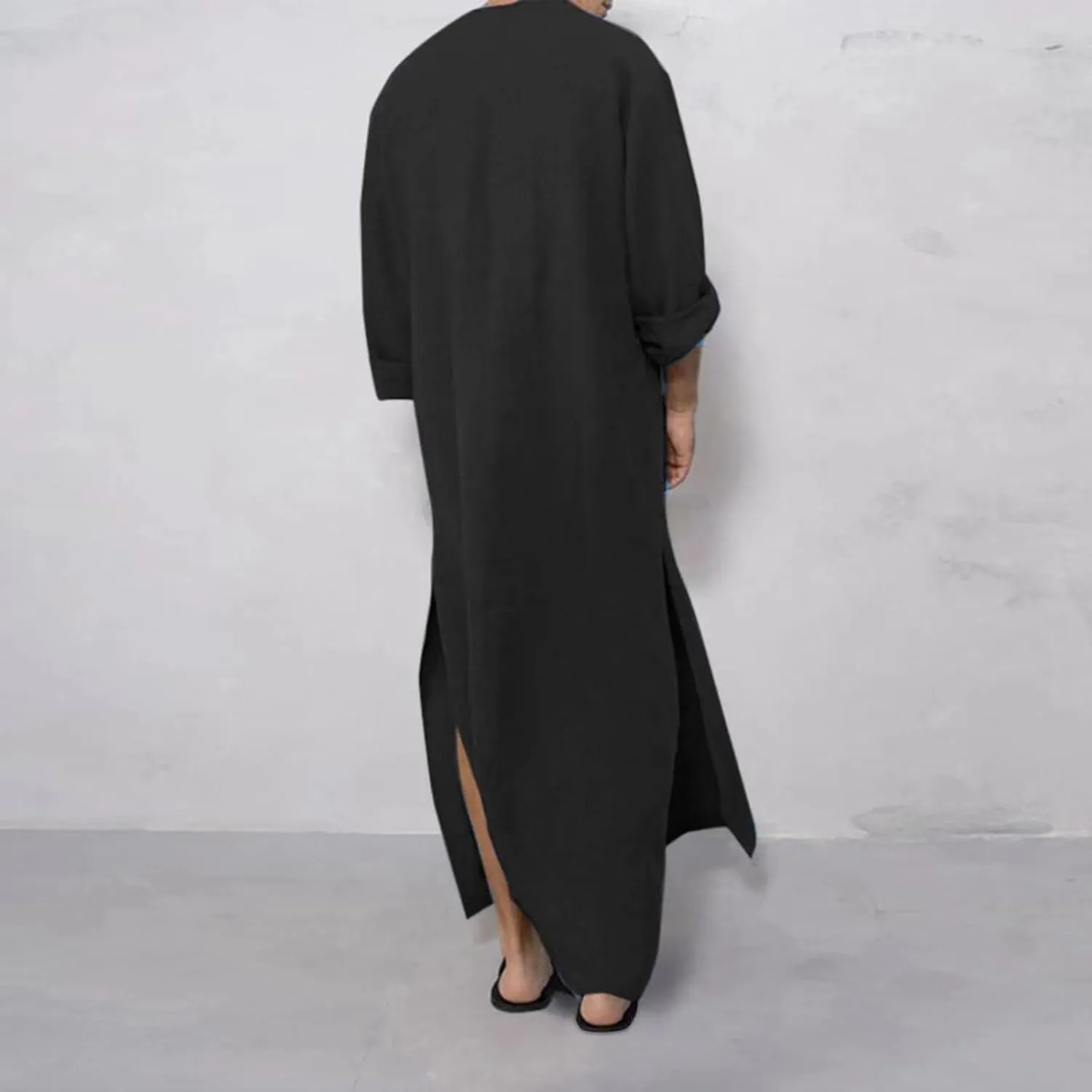 Men's Kaftan Robe Long Sleeve V Neck Nightshirts Thobe Button Down Henley Casual Side Split Gown Shirt Sleepwear Tops