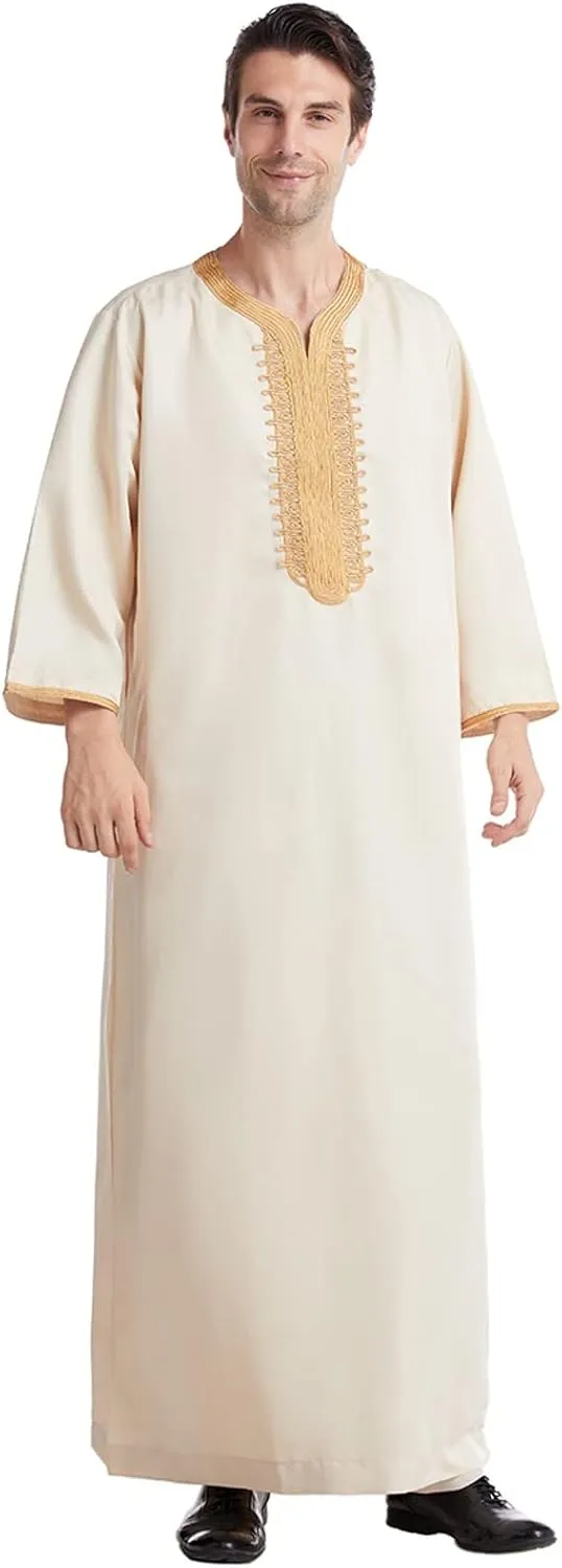 Men's Kaftan Robe Long Sleeve V Neck Nightshirts Thobe Button Down Henley Casual Side Split Gown Shirt Sleepwear Tops
