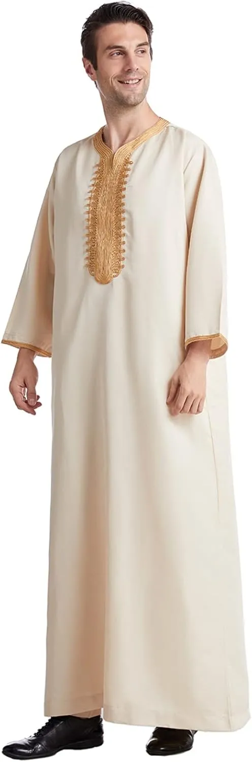 Men's Kaftan Robe Long Sleeve V Neck Nightshirts Thobe Button Down Henley Casual Side Split Gown Shirt Sleepwear Tops