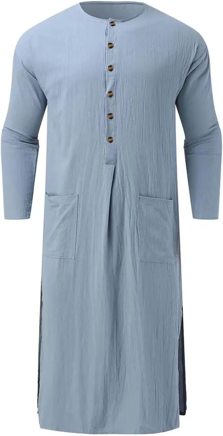 Men's Kaftan Robe Long Sleeve V Neck Nightshirts Thobe Button Down Henley Casual Side Split Gown Shirt Sleepwear Tops