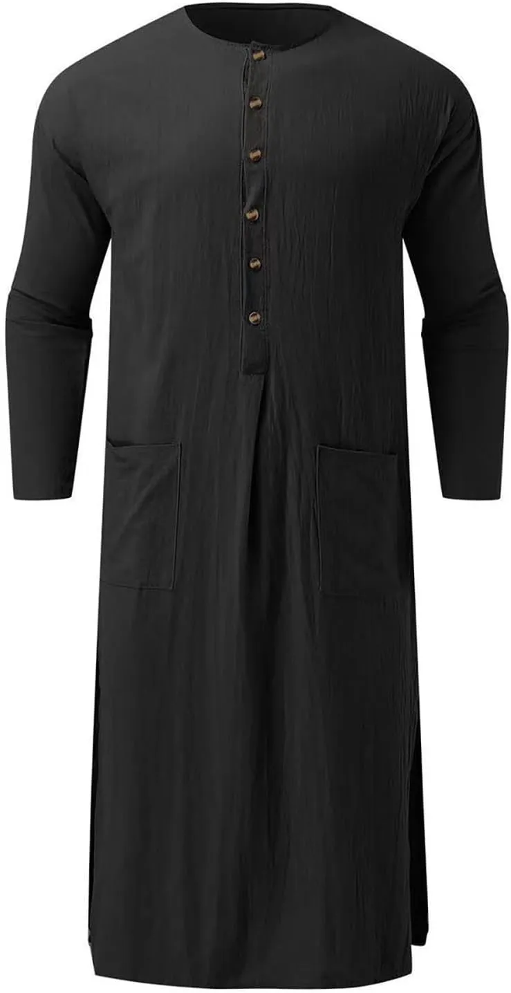 Men's Kaftan Robe Long Sleeve V Neck Nightshirts Thobe Button Down Henley Casual Side Split Gown Shirt Sleepwear Tops
