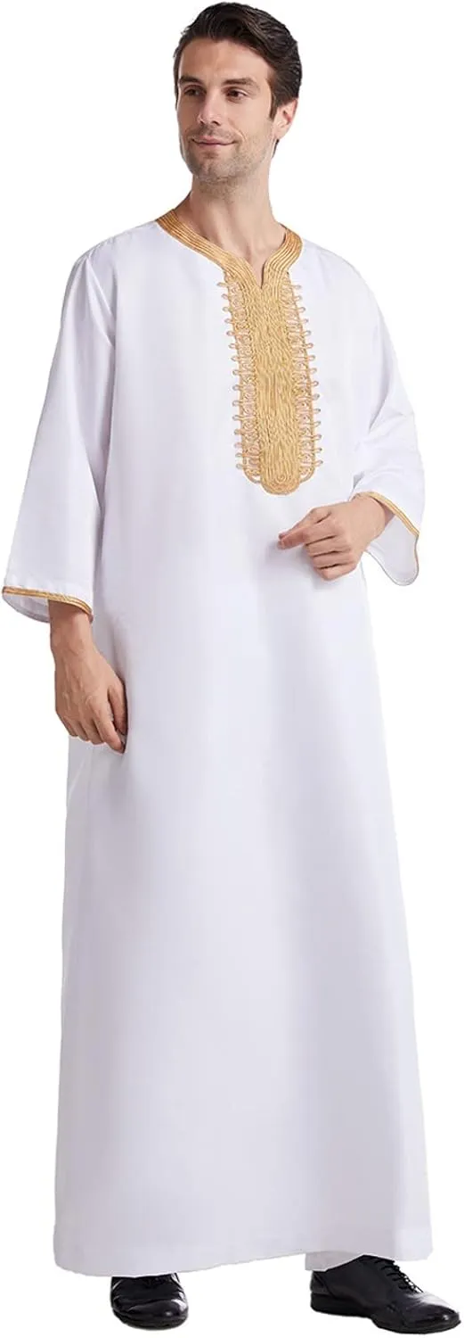 Men's Kaftan Robe Long Sleeve V Neck Nightshirts Thobe Button Down Henley Casual Side Split Gown Shirt Sleepwear Tops