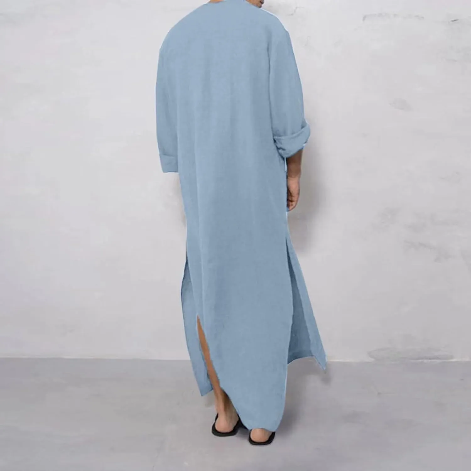 Men's Kaftan Robe Long Sleeve V Neck Nightshirts Thobe Button Down Henley Casual Side Split Gown Shirt Sleepwear Tops