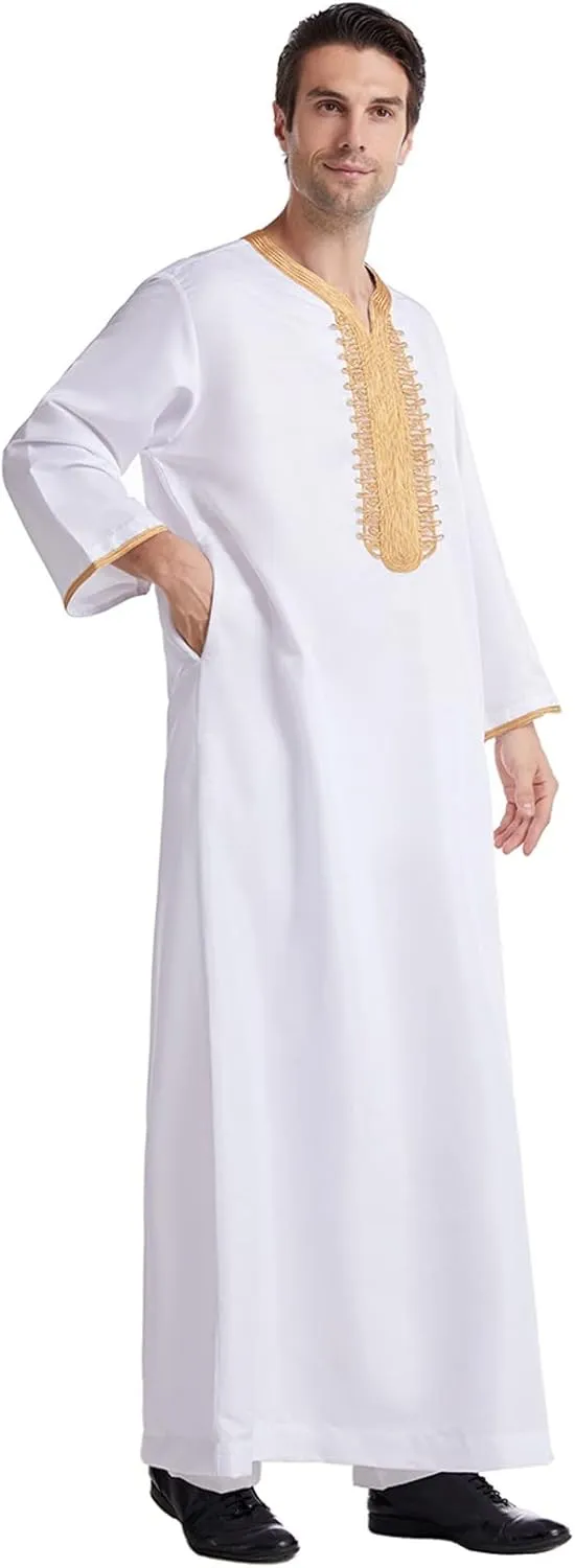 Men's Kaftan Robe Long Sleeve V Neck Nightshirts Thobe Button Down Henley Casual Side Split Gown Shirt Sleepwear Tops