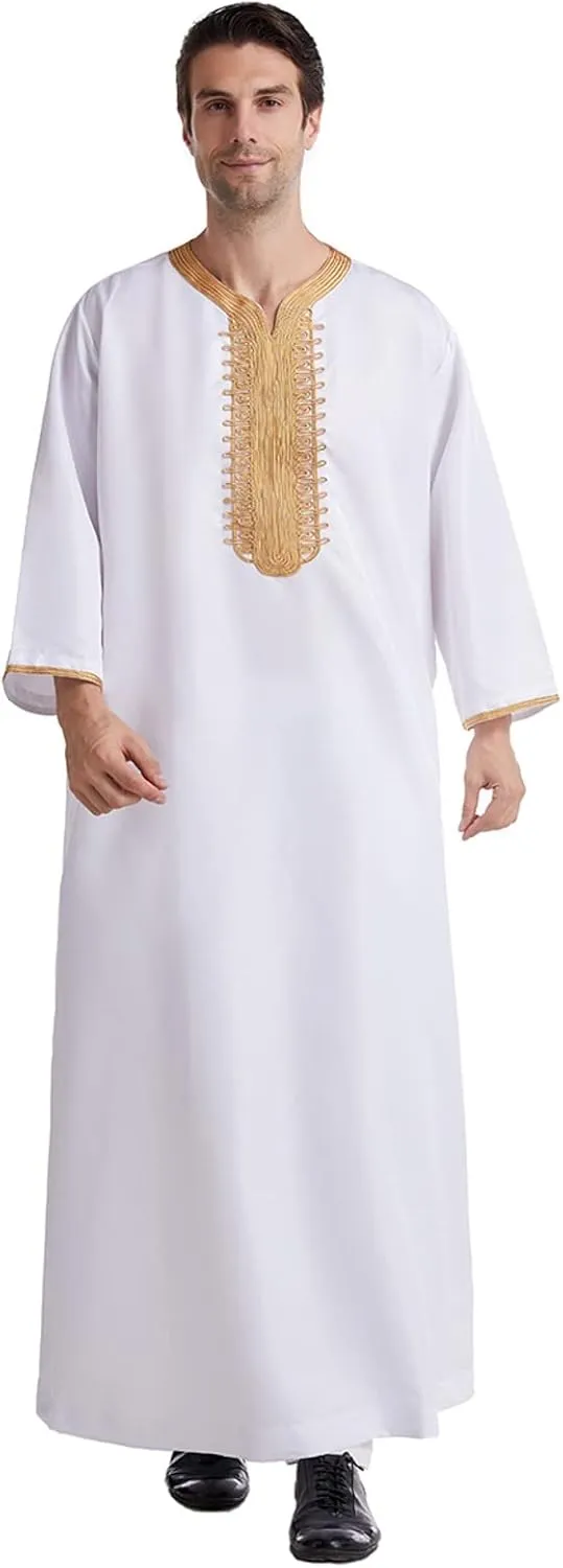 Men's Kaftan Robe Long Sleeve V Neck Nightshirts Thobe Button Down Henley Casual Side Split Gown Shirt Sleepwear Tops