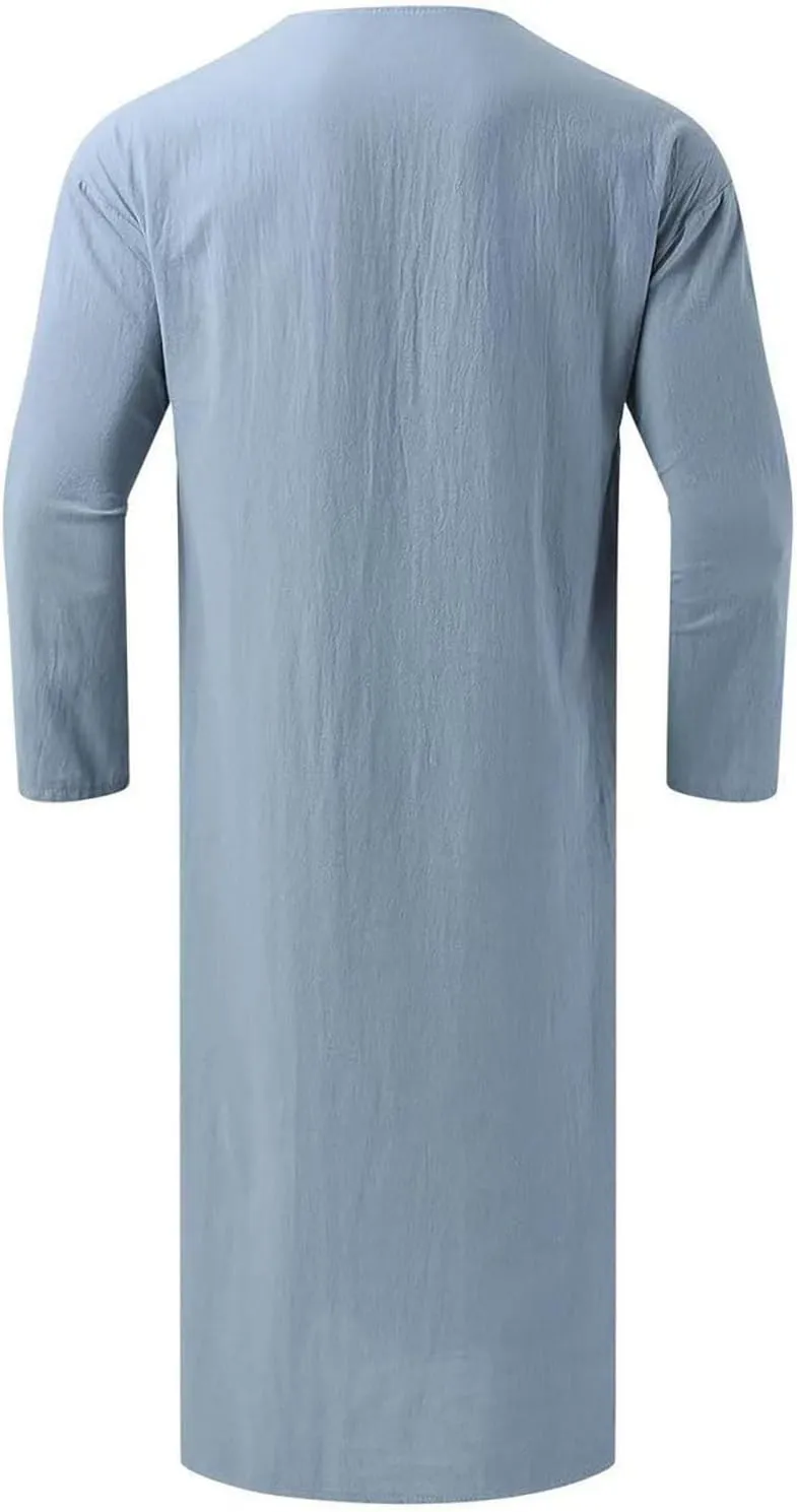 Men's Kaftan Robe Long Sleeve V Neck Nightshirts Thobe Button Down Henley Casual Side Split Gown Shirt Sleepwear Tops