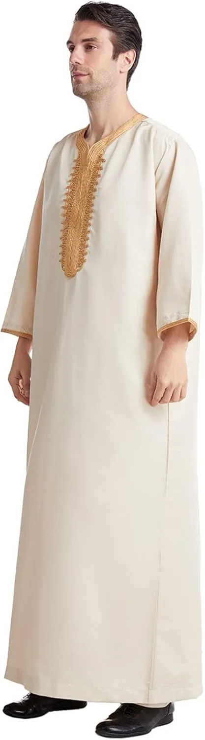 Men's Kaftan Robe Long Sleeve V Neck Nightshirts Thobe Button Down Henley Casual Side Split Gown Shirt Sleepwear Tops