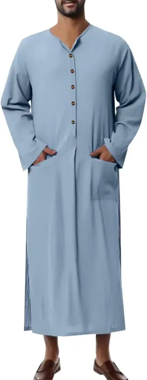 Men's Kaftan Robe Long Sleeve V Neck Nightshirts Thobe Button Down Henley Casual Side Split Gown Shirt Sleepwear Tops