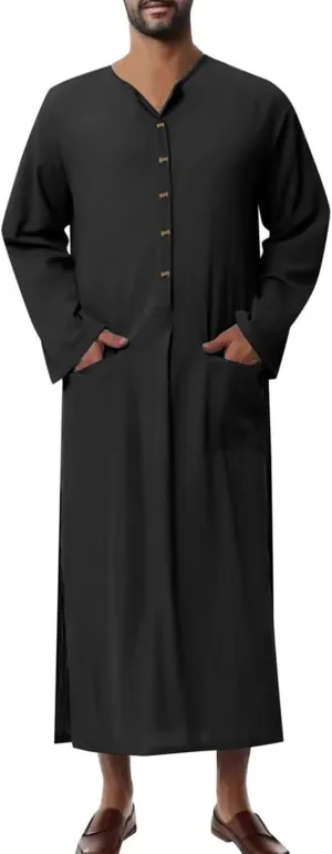 Men's Kaftan Robe Long Sleeve V Neck Nightshirts Thobe Button Down Henley Casual Side Split Gown Shirt Sleepwear Tops