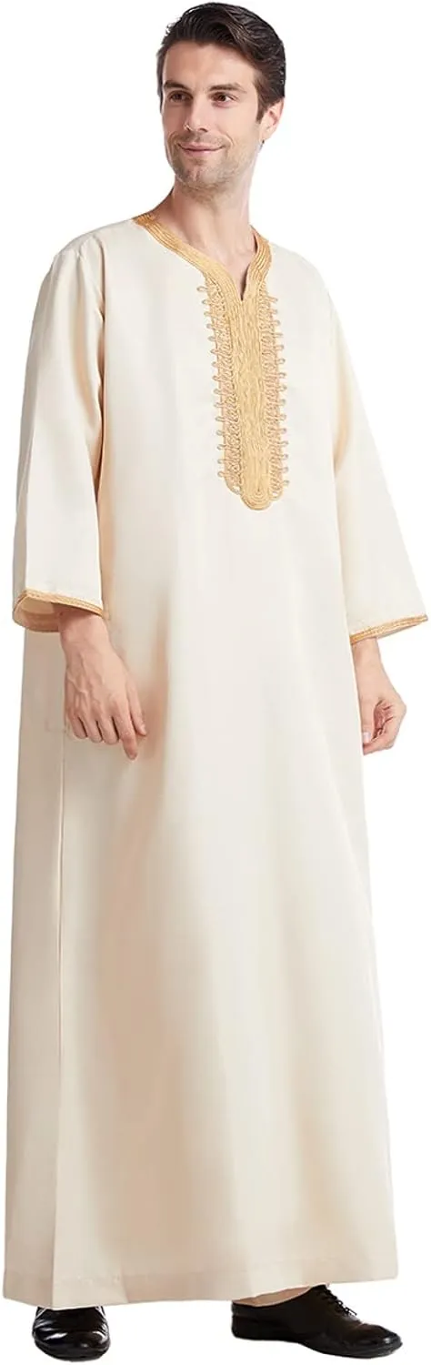 Men's Kaftan Robe Long Sleeve V Neck Nightshirts Thobe Button Down Henley Casual Side Split Gown Shirt Sleepwear Tops
