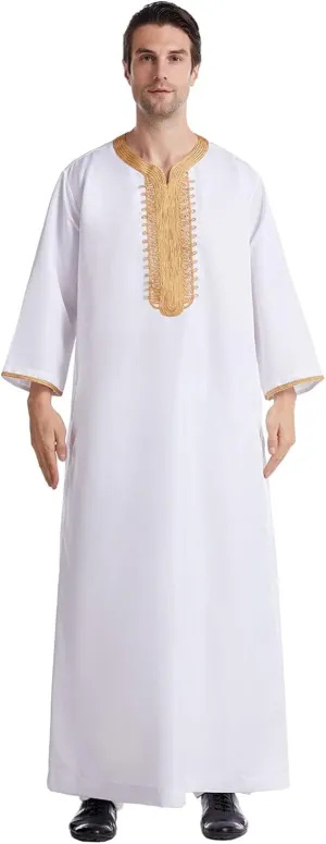 Men's Kaftan Robe Long Sleeve V Neck Nightshirts Thobe Button Down Henley Casual Side Split Gown Shirt Sleepwear Tops