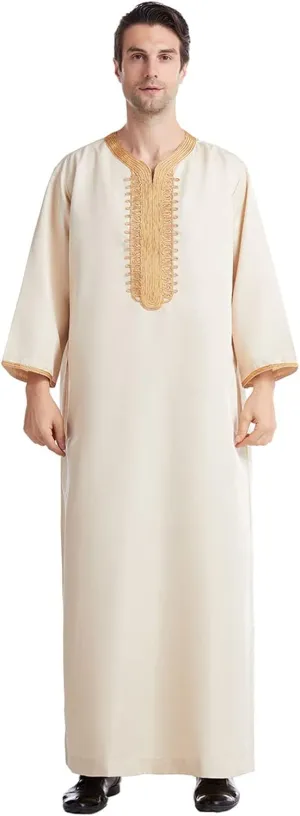 Men's Kaftan Robe Long Sleeve V Neck Nightshirts Thobe Button Down Henley Casual Side Split Gown Shirt Sleepwear Tops