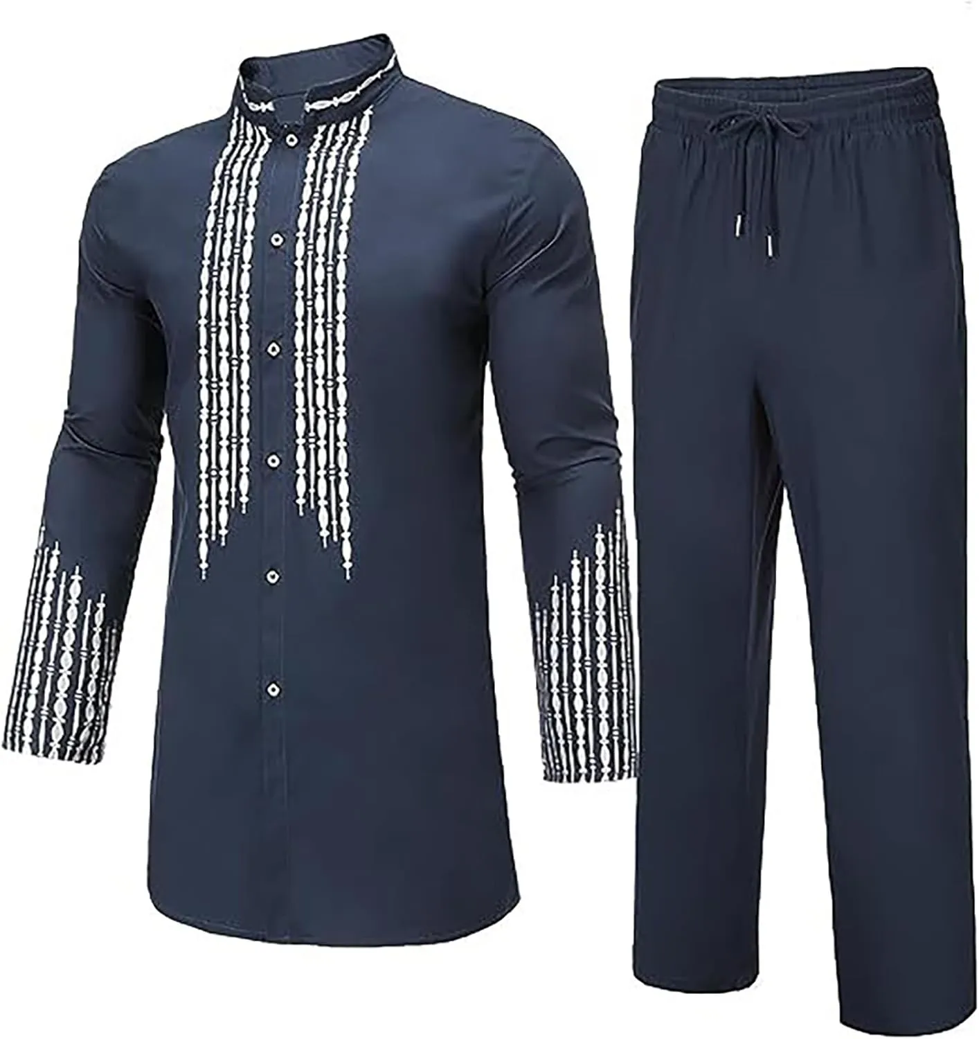 Men's Kaftan Robe Muslim Wrinkle Two Suit Cardigan and Pants Set Men Islamic Caftan Robe Kaftan Ramadan Jubbah 2024