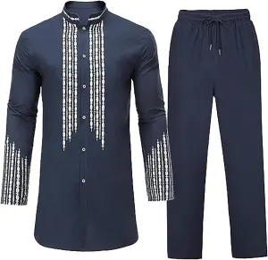 Men's Kaftan Robe Muslim Wrinkle Two Suit Cardigan and Pants Set Men Islamic Caftan Robe Kaftan Ramadan Jubbah 2024