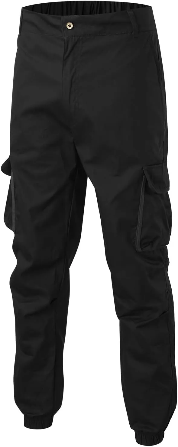 Mens Multi-Pocket Cargo Pants Cotton Simple Solid Color Leisure High Street Elastic Lace Outdoor Hiking Work