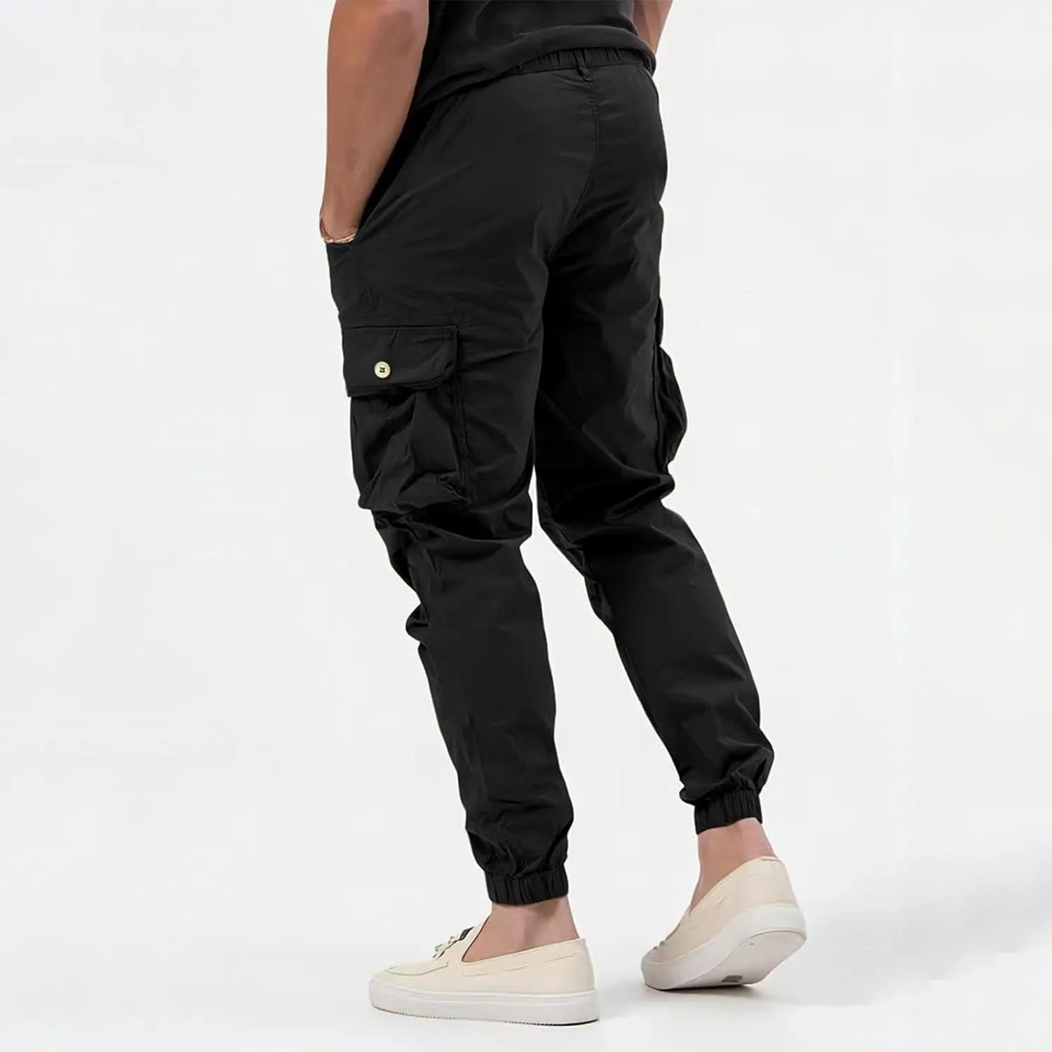 Mens Multi-Pocket Cargo Pants Cotton Simple Solid Color Leisure High Street Elastic Lace Outdoor Hiking Work
