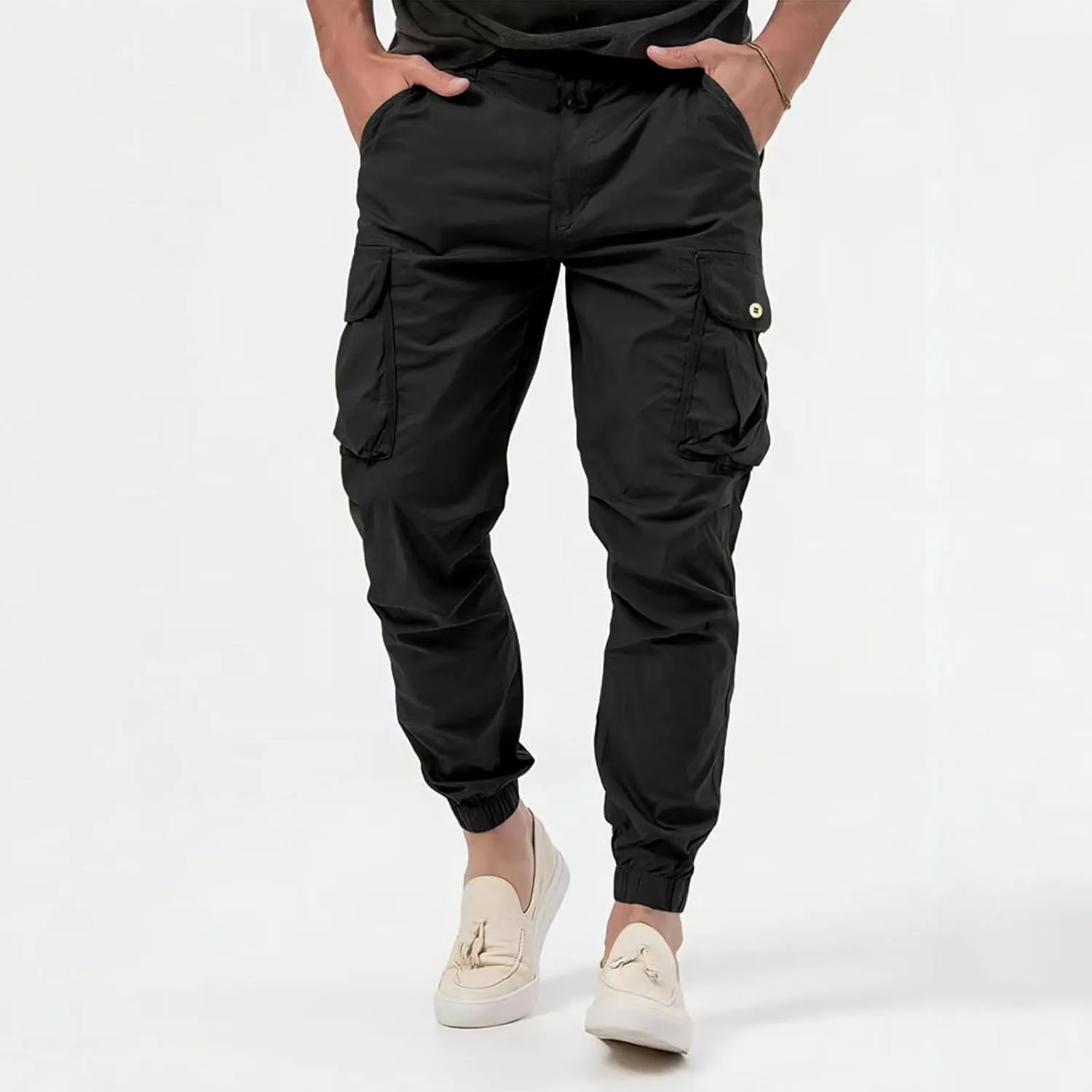 Mens Multi-Pocket Cargo Pants Cotton Simple Solid Color Leisure High Street Elastic Lace Outdoor Hiking Work
