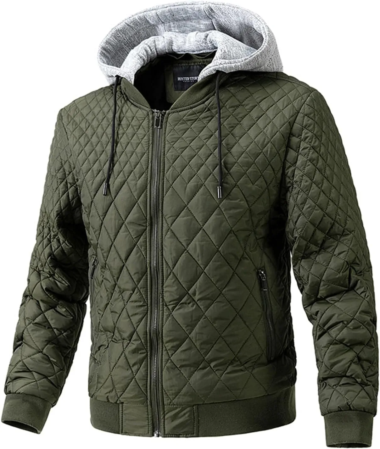 Men's Quilted Sherpa Lined Bomber Jacket Zipper Outdoor Casual Fleece Fall Winter Coat Detachable Hood with Pockets