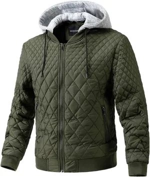 Men's Quilted Sherpa Lined Bomber Jacket Zipper Outdoor Casual Fleece Fall Winter Coat Detachable Hood with Pockets