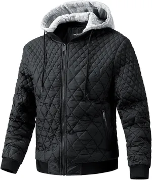 Men's Quilted Sherpa Lined Bomber Jacket Zipper Outdoor Casual Fleece Fall Winter Coat Detachable Hood with Pockets