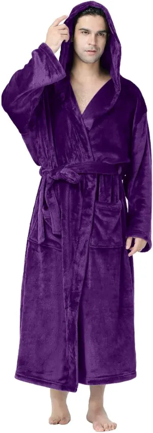 Mens Robe Fall Winter Warm Plush Bathrobe Solid Color Fleece Shower Robe With Hood Casual Long Sleeve Belt Cardigan