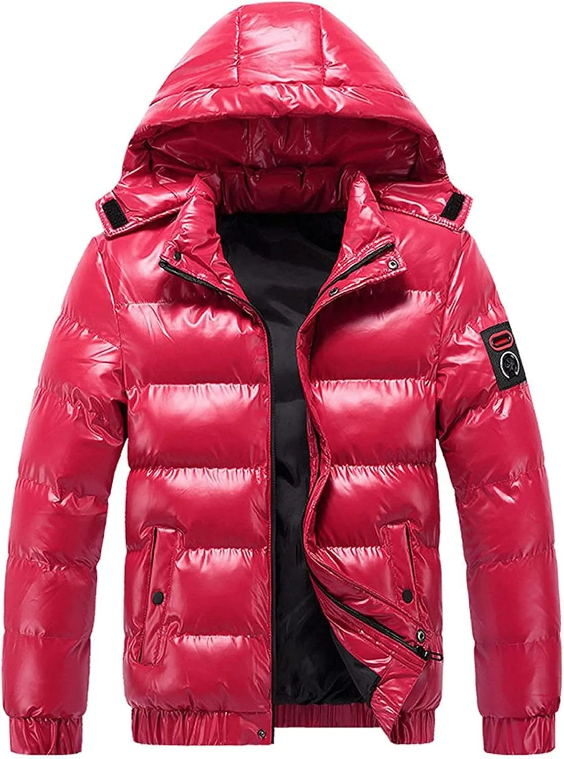 Men's Shiny Hooded Puffer Jacket Winter Thermal Down Coats Water-Resistant Coats Insulated Padded Puffy Coat Outwear