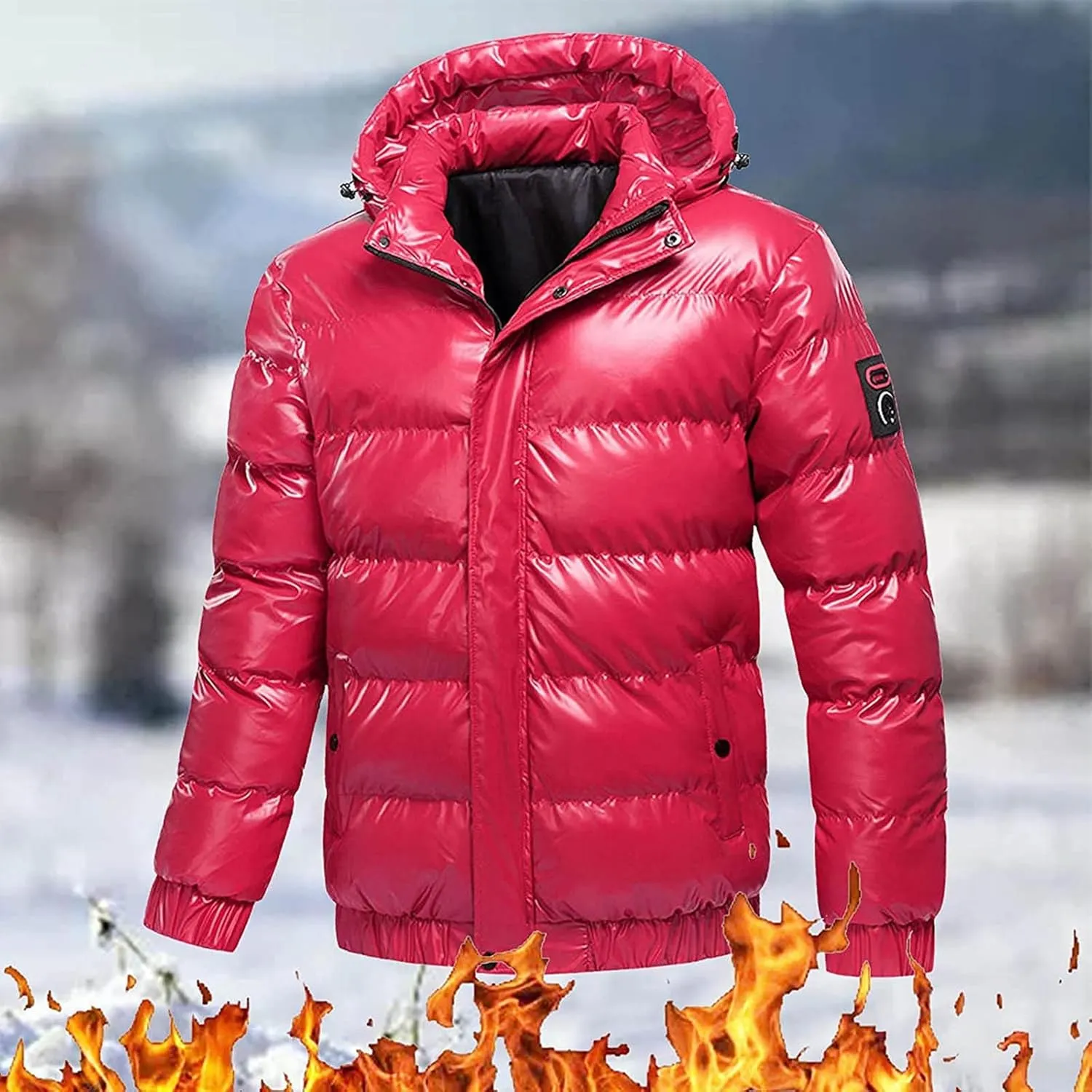 Men's Shiny Hooded Puffer Jacket Winter Thermal Down Coats Water-Resistant Coats Insulated Padded Puffy Coat Outwear