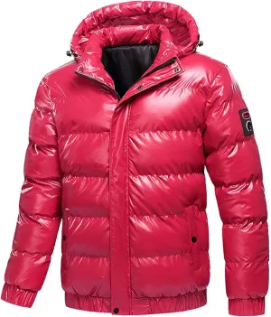 Men's Shiny Hooded Puffer Jacket Winter Thermal Down Coats Water-Resistant Coats Insulated Padded Puffy Coat Outwear