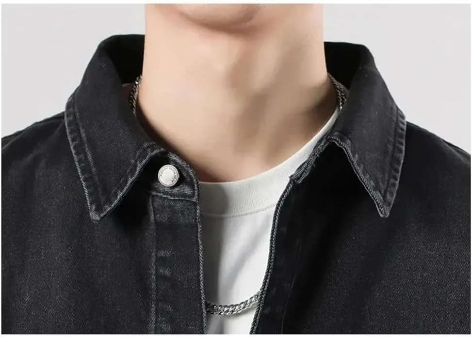 Men's Vintage Washed Denim Shirt, Black Multi-Pocket Loose Denim Jacket