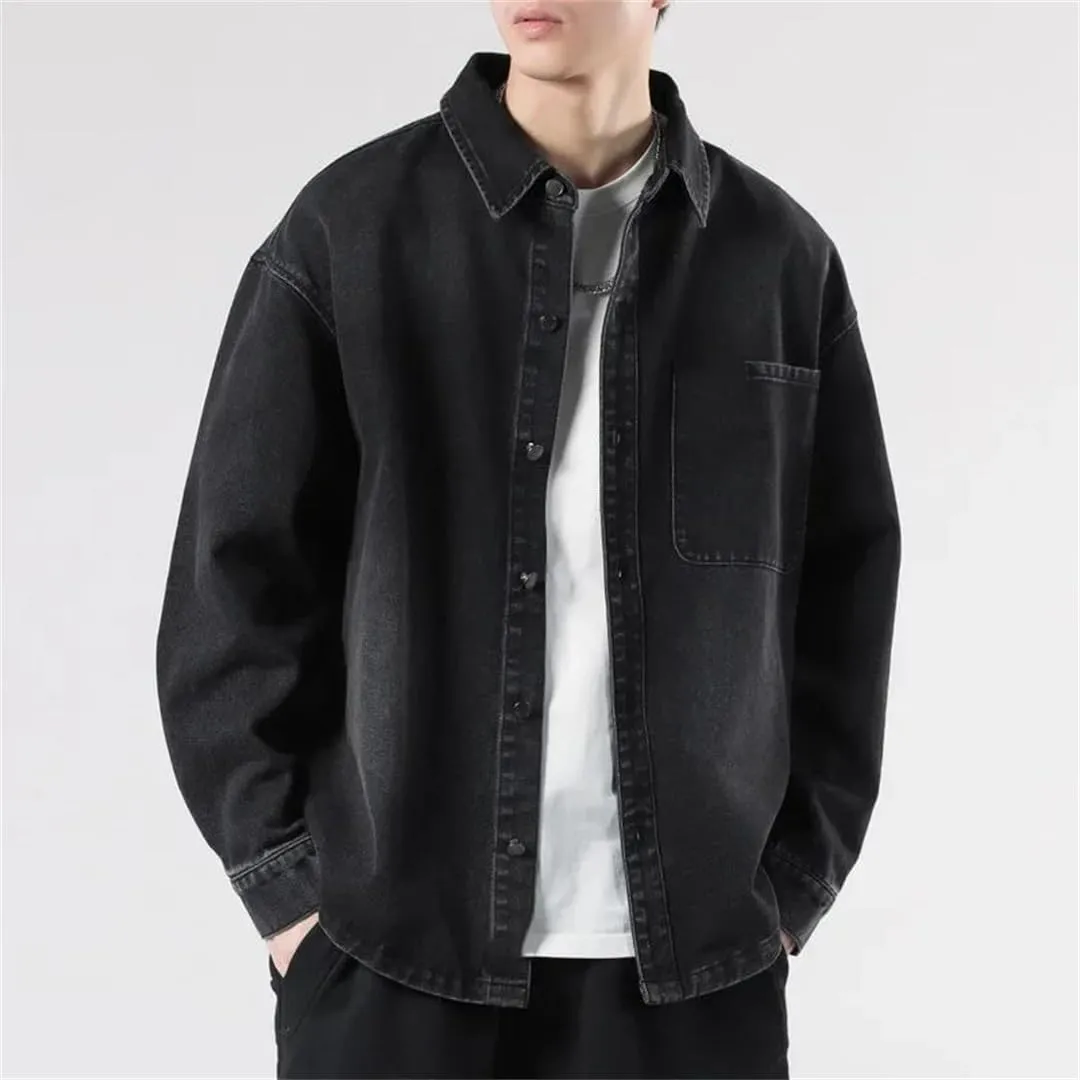 Men's Vintage Washed Denim Shirt, Black Multi-Pocket Loose Denim Jacket