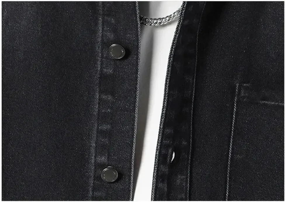 Men's Vintage Washed Denim Shirt, Black Multi-Pocket Loose Denim Jacket