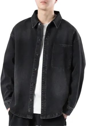 Men's Vintage Washed Denim Shirt, Black Multi-Pocket Loose Denim Jacket