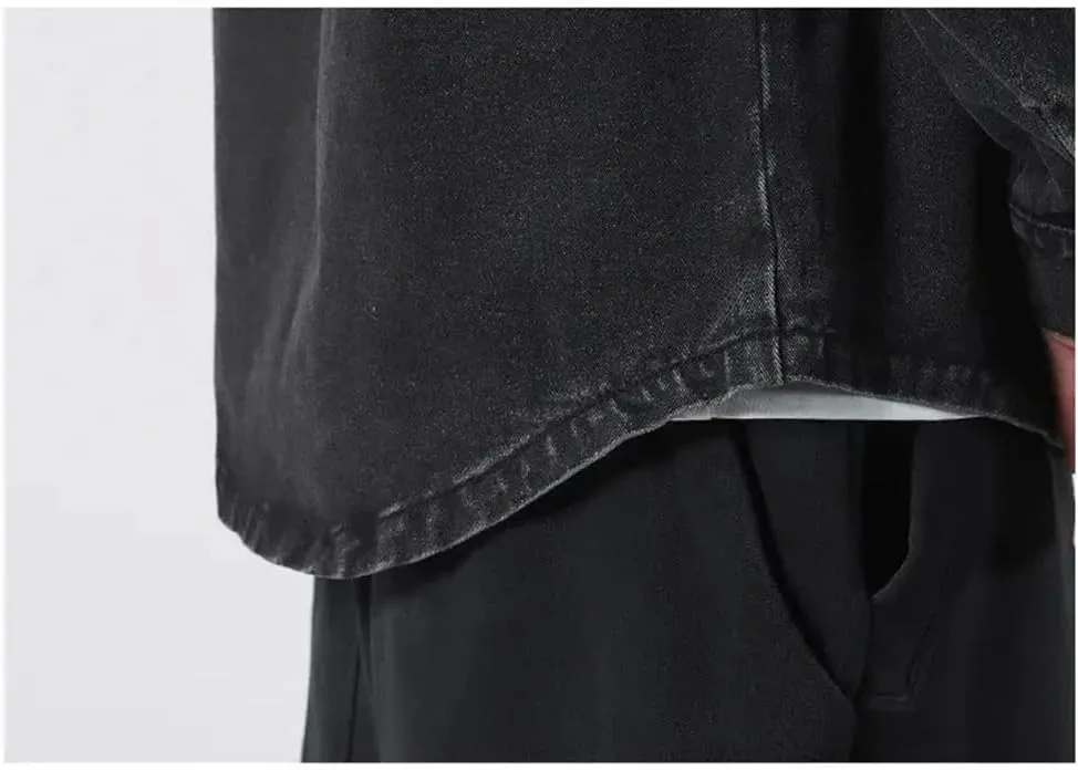 Men's Vintage Washed Denim Shirt, Black Multi-Pocket Loose Denim Jacket