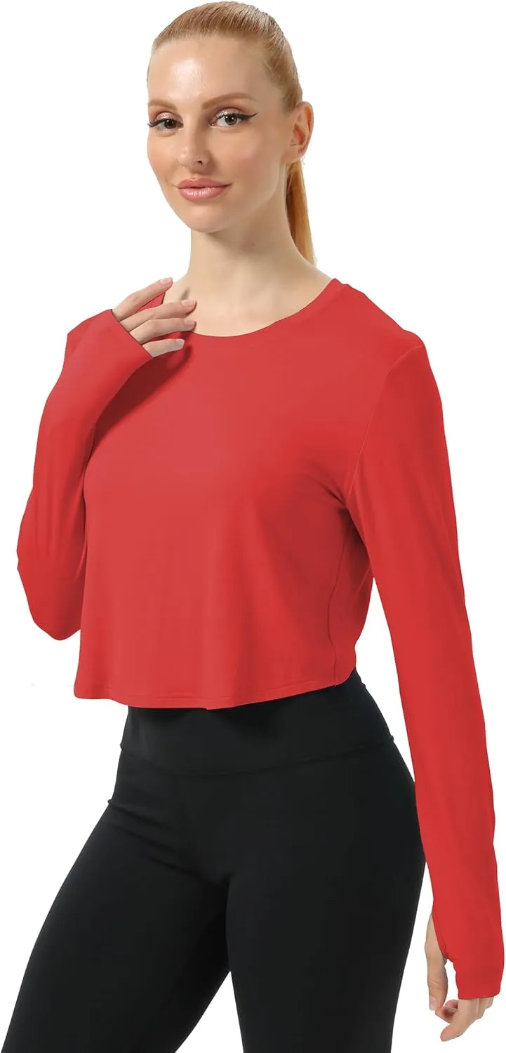 Mippo Cropped Long Sleeve Tops Workout Athletic Yoga Gym Crop Tops for Women Loose Fit