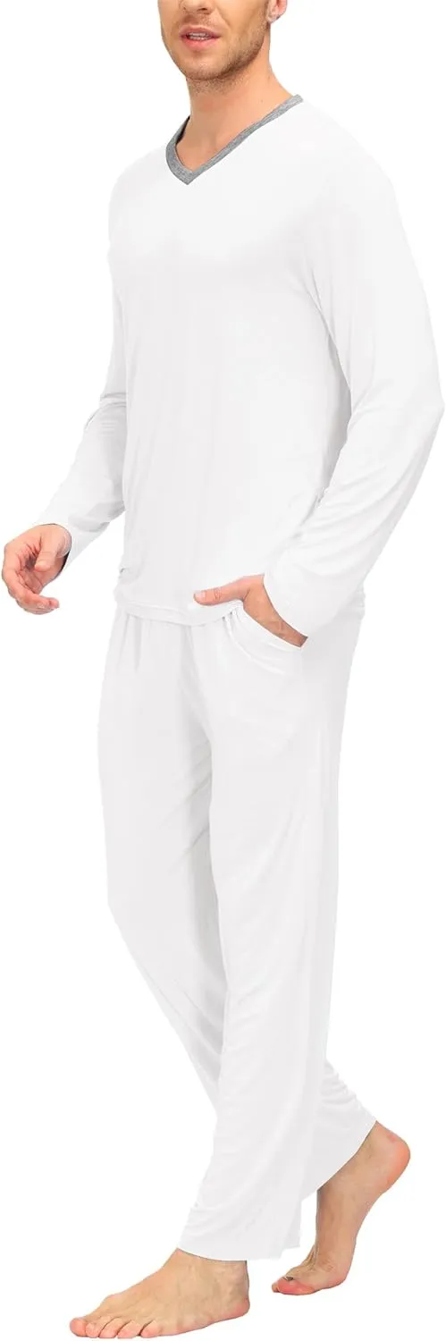 MoFiz Men's Pajama Set Pajamas for Men 2 Piece PJ Set with Long Sleeve Shirts & Plaid Pants with Pockets