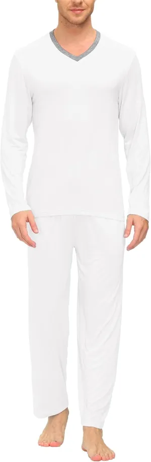 MoFiz Men's Pajama Set Pajamas for Men 2 Piece PJ Set with Long Sleeve Shirts & Plaid Pants with Pockets