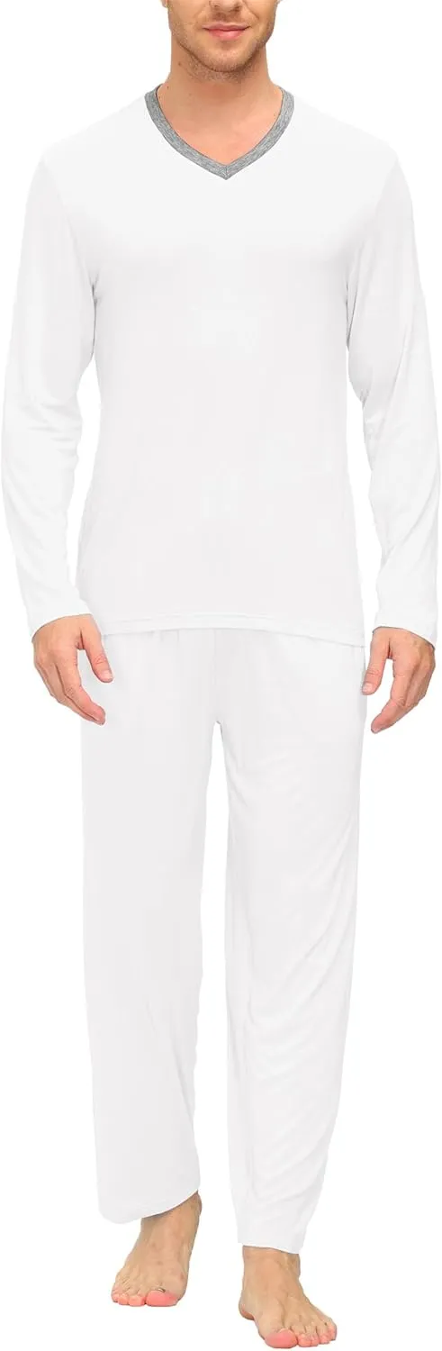 MoFiz Men's Pajama Set Pajamas for Men 2 Piece PJ Set with Long Sleeve Shirts & Plaid Pants with Pockets